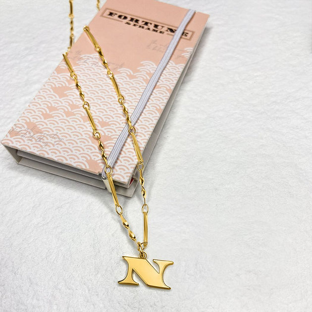 N Gold Initial Necklace • Letter N Pendant • Fortune & Frame