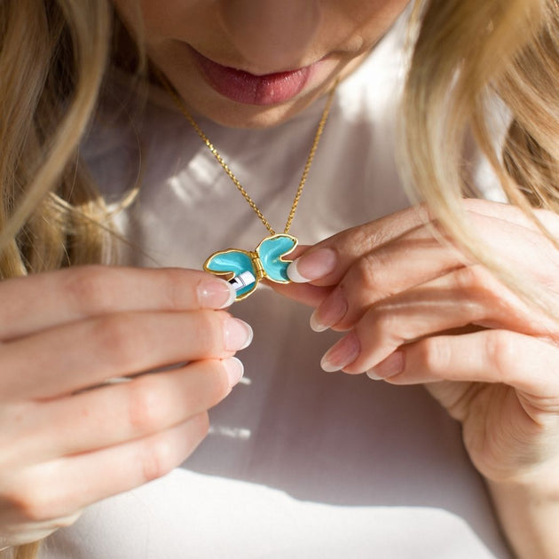 Aquamarine Fortune Cookie Locket • Enamel Jewelry • Fortune & Frame