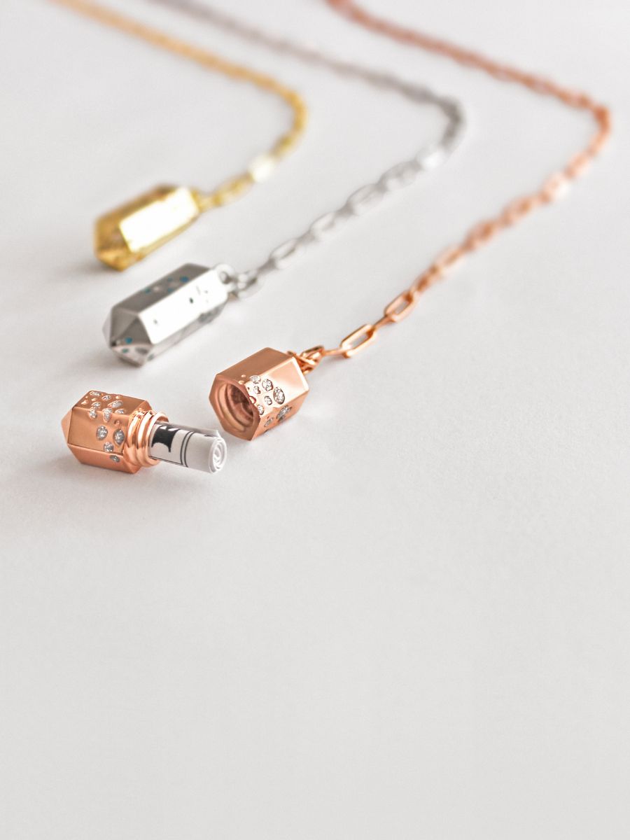 Our Polygon Lariat Locket shown in Rose Gold, Gold, and Silver.
