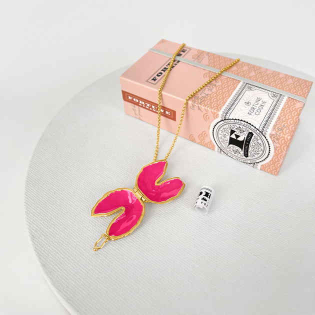 Pink Fortune Cookie Locket • Enamel Jewelry • Fortune & Frame