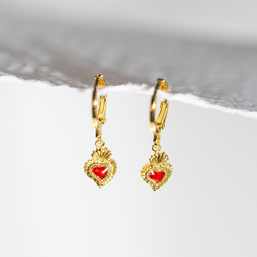 Sacred Heart Earrings, Heart Earrings, Crown Earrings, top Heart Gifts, Heart Jewelry, Gold Earrings, Heart Dangle, Crown Gift, Royal Earrings