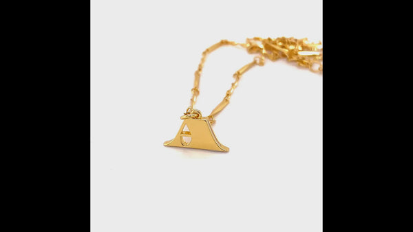 A video showing a 360 view of the A Letter Necklace.  The focus is on the gold A pendant.