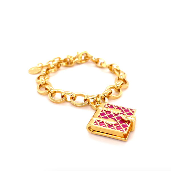 A video showing a 360-degree view of our magenta and gold book bracelet.